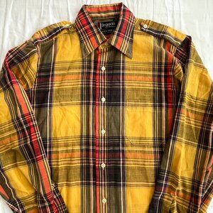 Arrow Brigade Plaid Epaulet Long Sleeve Button Up Yellow Taper Fit Medium